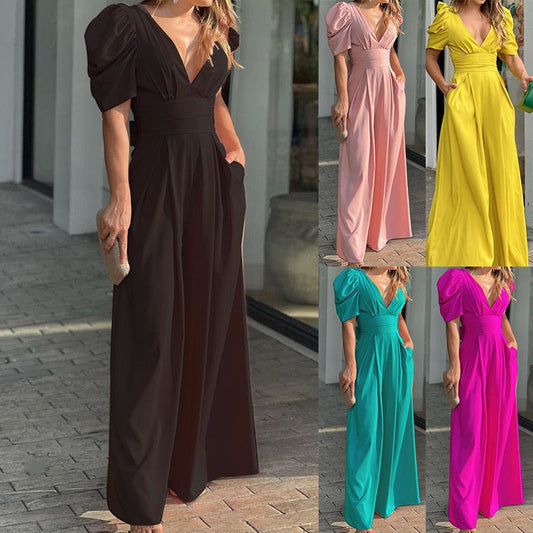 Damen Jumpsuits mit tiefem V-Ausschnitt und weitem Bein