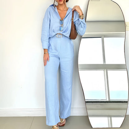 Minimalistisches Button-Down-Shirt mit passender Hose mit weitem Bein für Damen