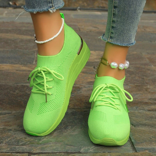 🌸Atmungsaktive, dehnbare Strick-Keilabsatzschuhe für Damen mit verstellbaren Schnürsenkeln