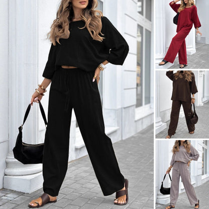 Lässiges, einfarbiges Damen-Set: Langarm-Oberteil und Hose