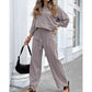 Lässiges, einfarbiges Damen-Set: Langarm-Oberteil und Hose
