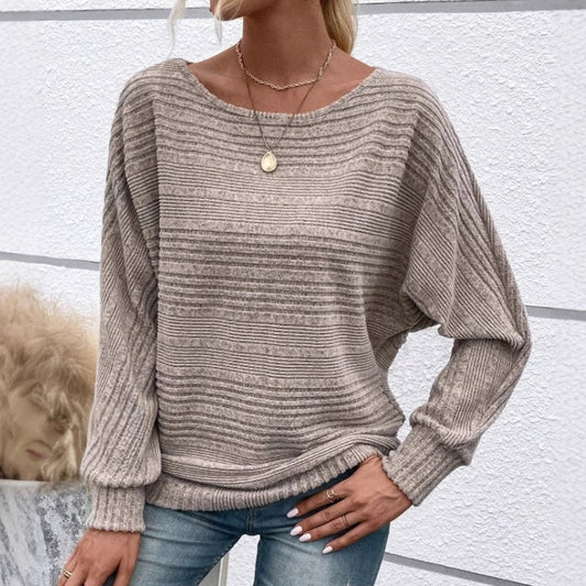 💗 Solides, rundhalsiges Langarm-Top mit Streifen