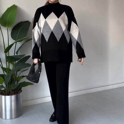 Modisches Color-Blocking-Set aus Pullover und Hose mit Rautenmuster
