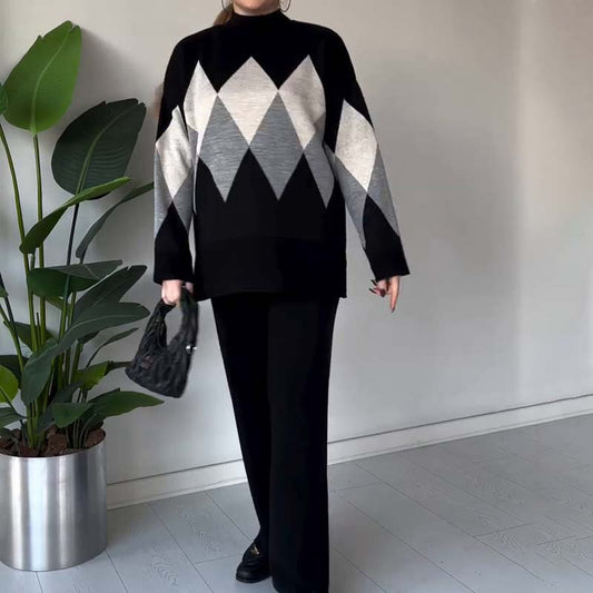 Modisches Color-Blocking-Set aus Pullover und Hose mit Rautenmuster
