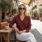 Women's Casual Long Sleeve V-Neck Waffle Knit Top