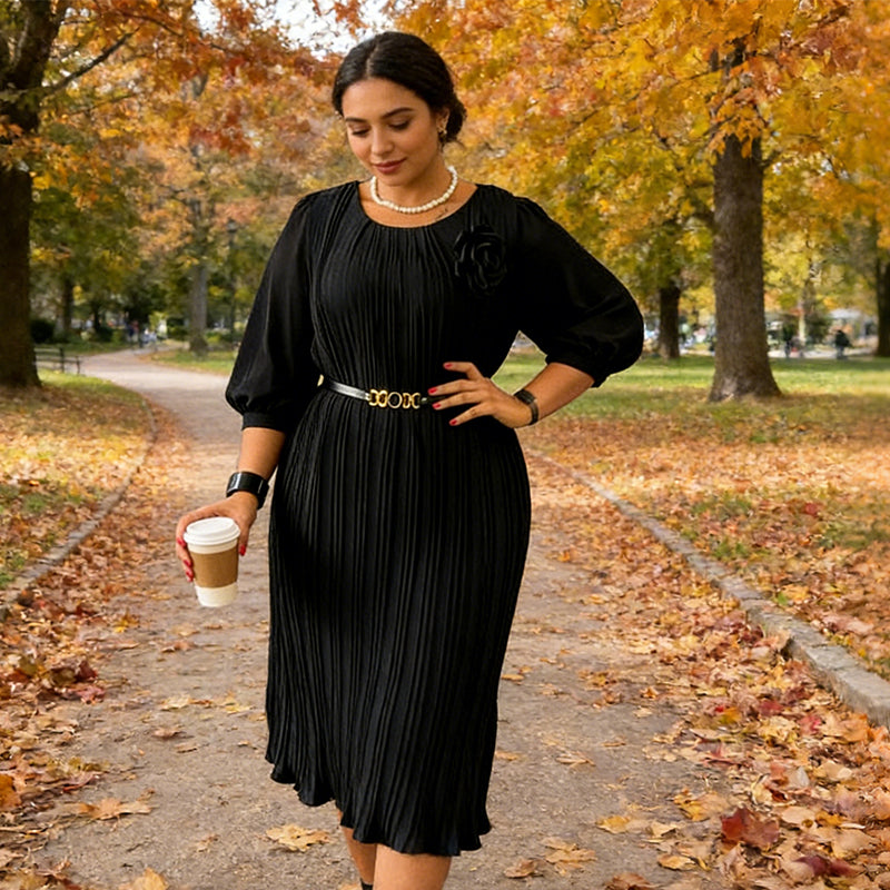 🔥HOT SALE-50% OFF🔥Women's 3/4 Sleeve Pleated Midi Dress with Belt