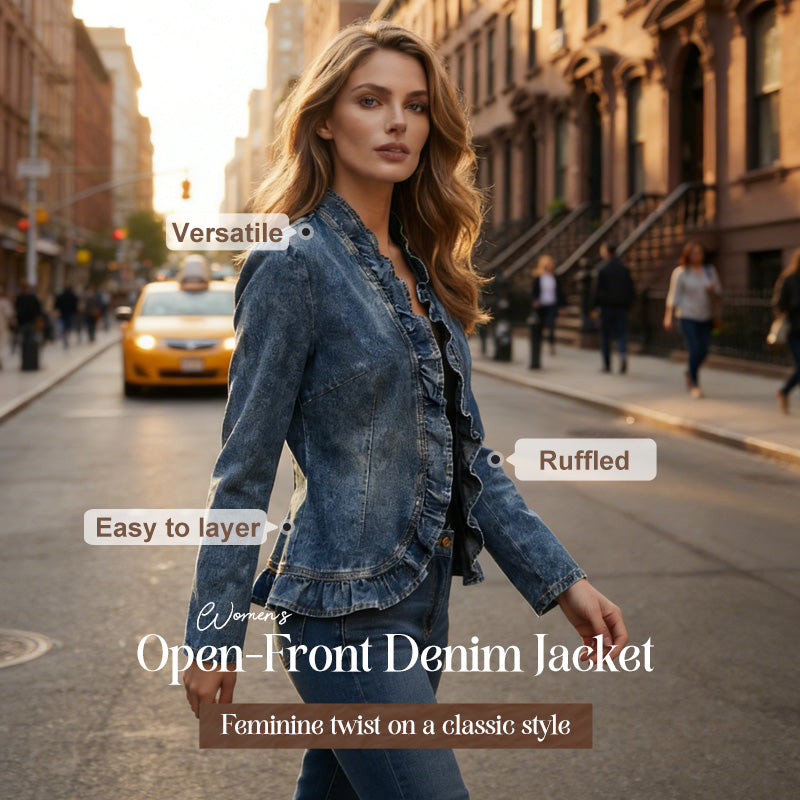 🧥 50% OFF NOW!! 🌸 Women's Denim Jacket with Ruffles & Open Front – Lightweight & Feminine – Versatile & Chic 👗