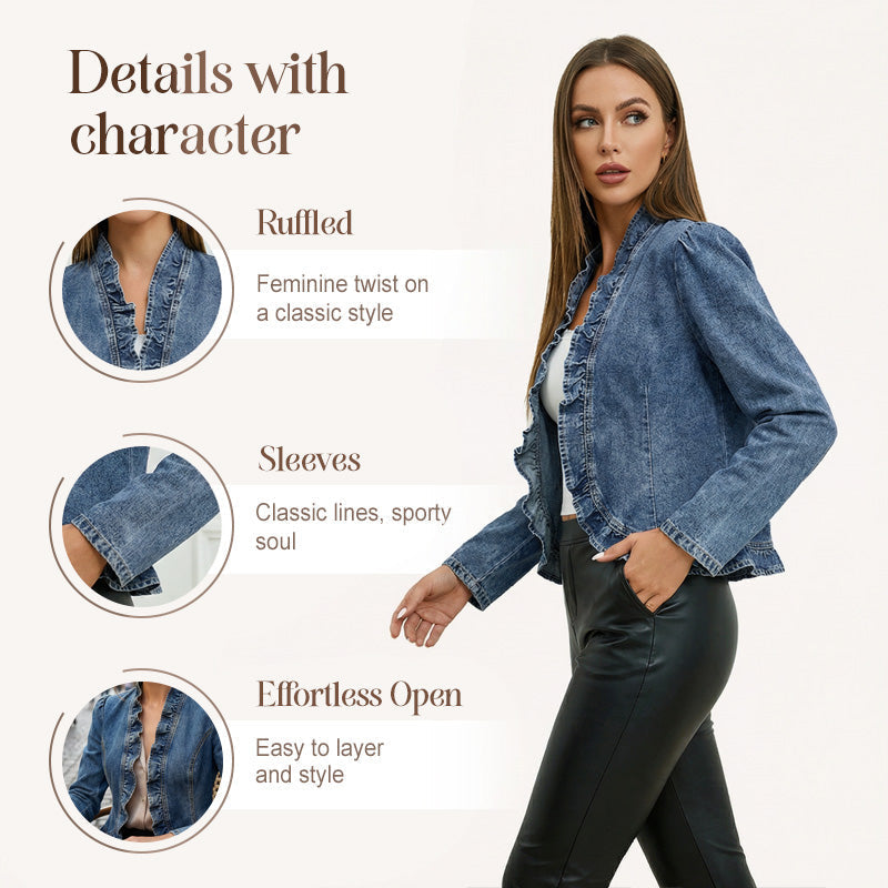 🧥 50% OFF NOW!! 🌸 Women's Denim Jacket with Ruffles & Open Front – Lightweight & Feminine – Versatile & Chic 👗