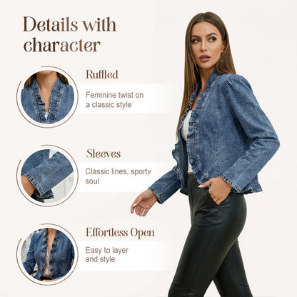 🧥 50% OFF NOW!! 🌸 Women's Denim Jacket with Ruffles & Open Front – Lightweight & Feminine – Versatile & Chic 👗