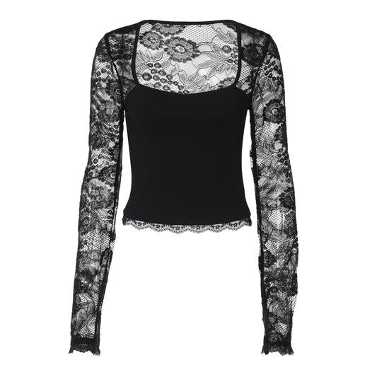 🎁2026 New Arrivals 50% OFF💖Women's Solid Color T-Shirt – Floral Lace, Split Ruffles & Sheer Sleeves for a Romantic Look ✨