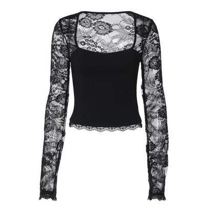 🎁2026 New Arrivals 50% OFF💖Women's Solid Color T-Shirt – Floral Lace, Split Ruffles & Sheer Sleeves for a Romantic Look ✨