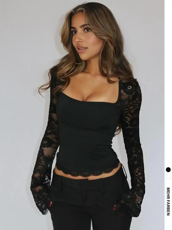 🎁2026 New Arrivals 50% OFF💖Women's Solid Color T-Shirt – Floral Lace, Split Ruffles & Sheer Sleeves for a Romantic Look ✨