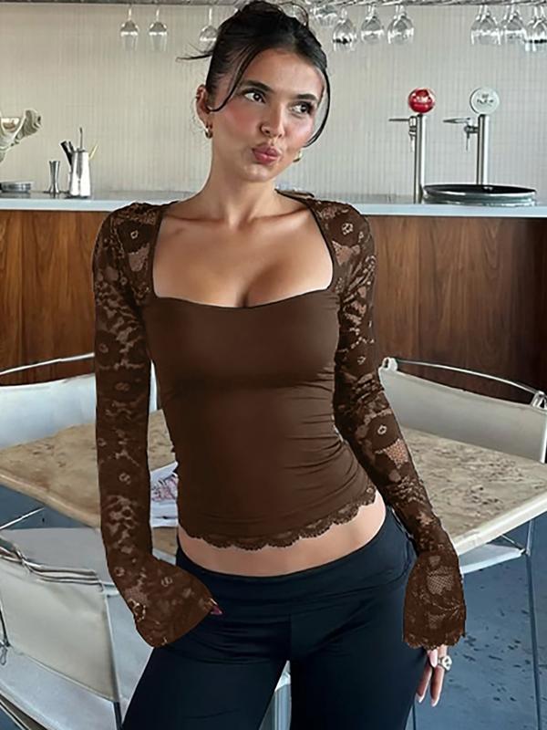 🎁2026 New Arrivals 50% OFF💖Women's Solid Color T-Shirt – Floral Lace, Split Ruffles & Sheer Sleeves for a Romantic Look ✨