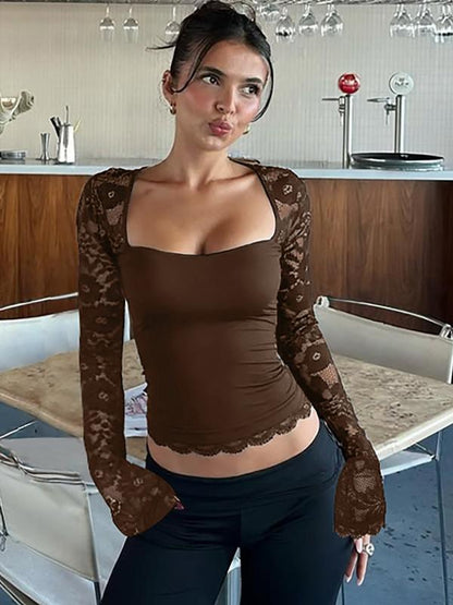 🎁2026 New Arrivals 50% OFF💖Women's Solid Color T-Shirt – Floral Lace, Split Ruffles & Sheer Sleeves for a Romantic Look ✨