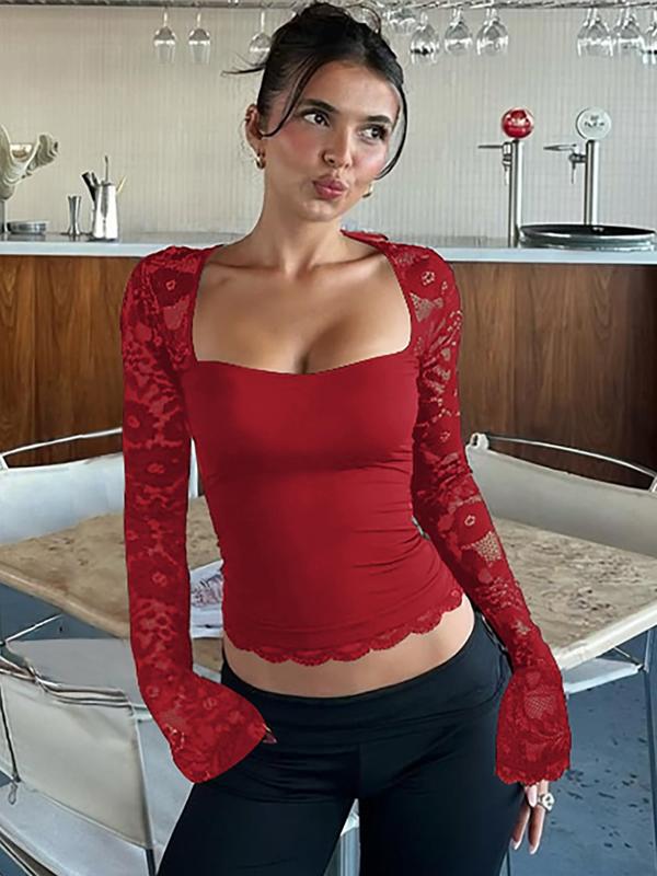 🎁2026 New Arrivals 50% OFF💖Women's Solid Color T-Shirt – Floral Lace, Split Ruffles & Sheer Sleeves for a Romantic Look ✨