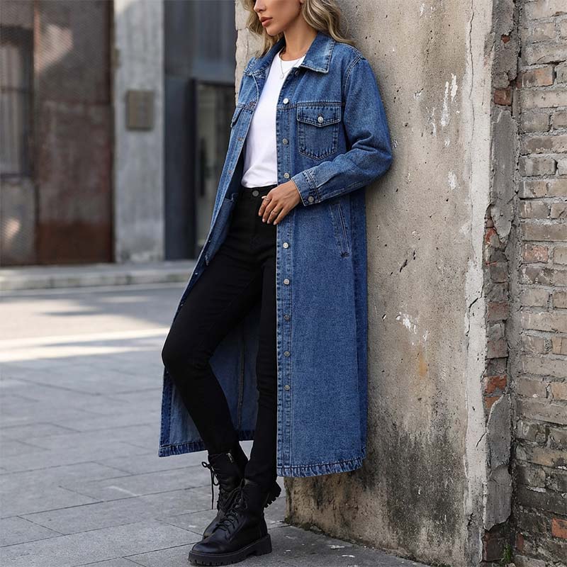 Women’s Casual Longline Button-Up Denim Coat