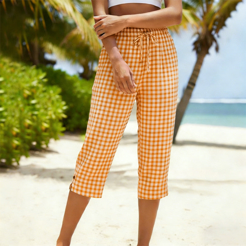 ⏳Time-Limited Special⏰Gingham Capri Pants – Drawstring Waist, Cotton-Linen, Breathable 🌿