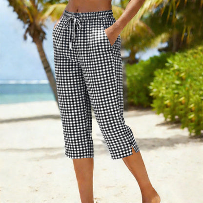 ⏳Time-Limited Special⏰Gingham Capri Pants – Drawstring Waist, Cotton-Linen, Breathable 🌿