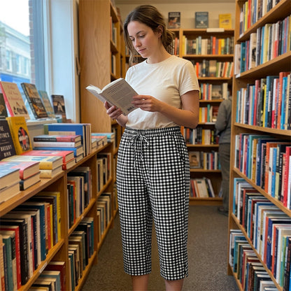 ⏳Time-Limited Special⏰Gingham Capri Pants – Drawstring Waist, Cotton-Linen, Breathable 🌿