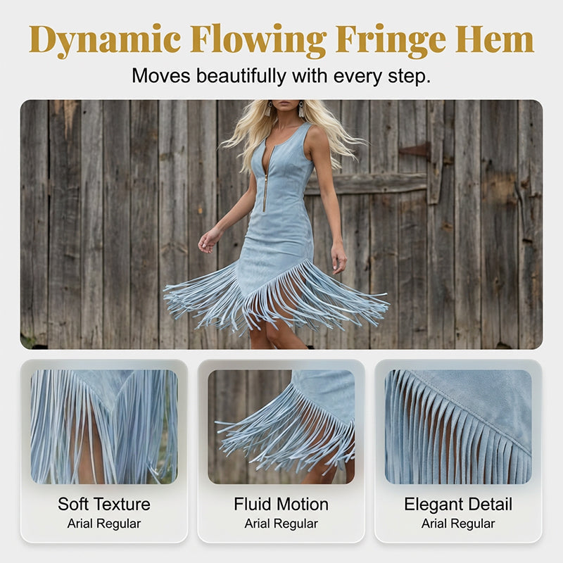 🤠 LIMITED-TIME 50% OFF! ✨ Retro Western Tassel Sleeveless Slim Dress – Fringe Hem, Front Zipper, Cowgirl Style 🌵
