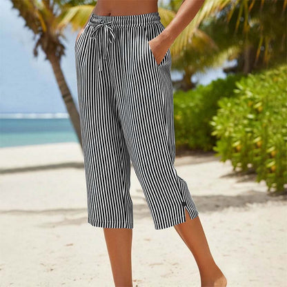 ⌛Limited-Time Offer-Women's Striped Cotton Linen Capri Pants with Pockets