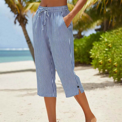 ⌛Limited-Time Offer-Women's Striped Cotton Linen Capri Pants with Pockets