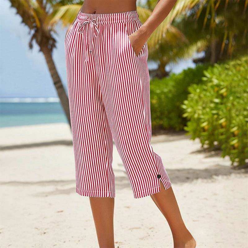 ⌛Limited-Time Offer-Women's Striped Cotton Linen Capri Pants with Pockets