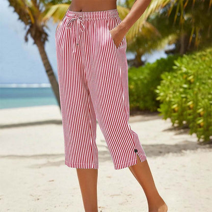 ⌛Limited-Time Offer-Women's Striped Cotton Linen Capri Pants with Pockets