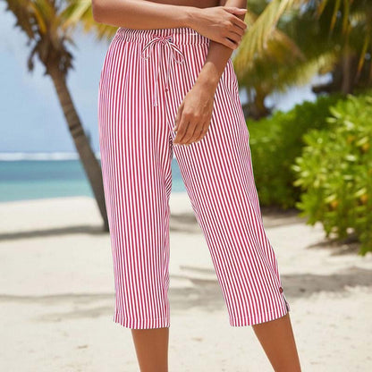 ⌛Limited-Time Offer-Women's Striped Cotton Linen Capri Pants with Pockets