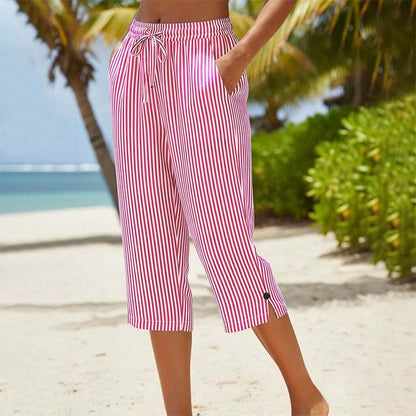 ⌛Limited-Time Offer-Women's Striped Cotton Linen Capri Pants with Pockets