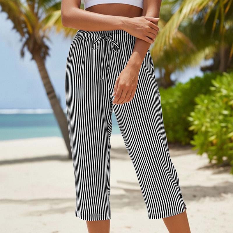 ⌛Limited-Time Offer-Women's Striped Cotton Linen Capri Pants with Pockets