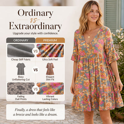 Women's Bohemian Floral Print V-Neck Loose Dress