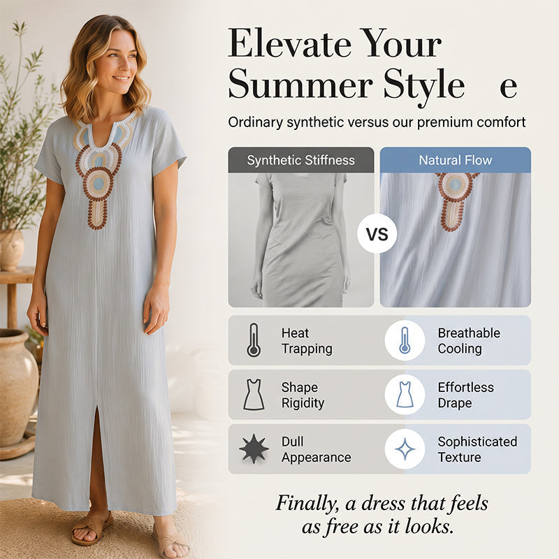 🌊🌴Embroidered maxi dress with slit – Summer elegance, absolute comfort.