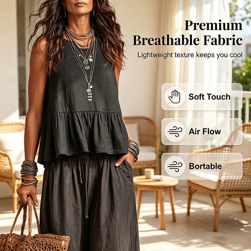 Trending Now⭐💃 Flowy Two-Piece Summer Set – Ruffle Hem Top with Comfort Wide-Leg Trousers