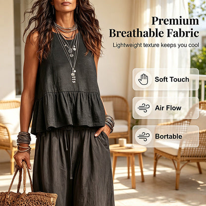 Trending Now⭐💃 Flowy Two-Piece Summer Set – Ruffle Hem Top with Comfort Wide-Leg Trousers