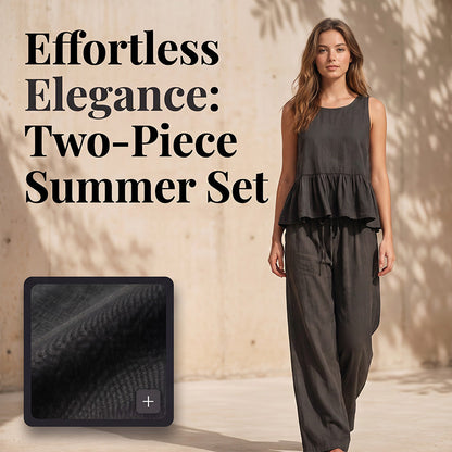 Trending Now⭐💃 Flowy Two-Piece Summer Set – Ruffle Hem Top with Comfort Wide-Leg Trousers