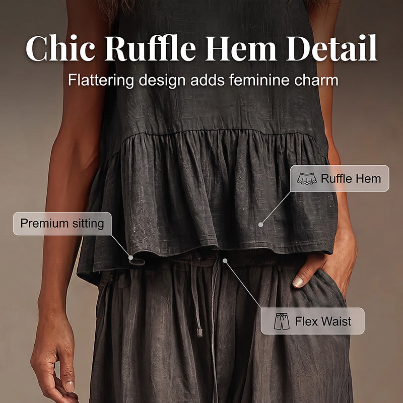 Trending Now⭐💃 Flowy Two-Piece Summer Set – Ruffle Hem Top with Comfort Wide-Leg Trousers
