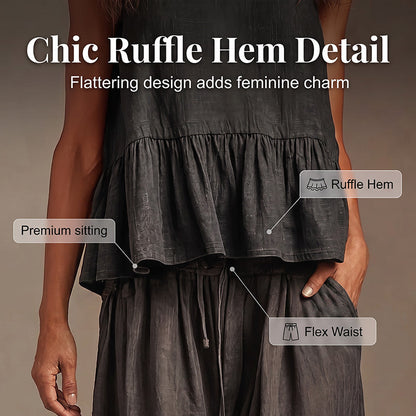 Trending Now⭐💃 Flowy Two-Piece Summer Set – Ruffle Hem Top with Comfort Wide-Leg Trousers