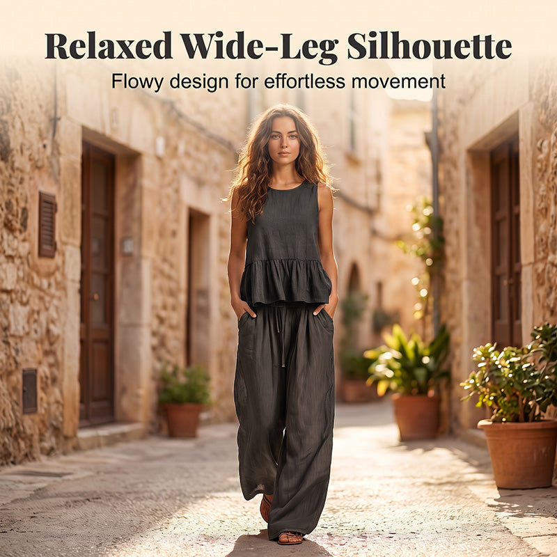Trending Now⭐💃 Flowy Two-Piece Summer Set – Ruffle Hem Top with Comfort Wide-Leg Trousers