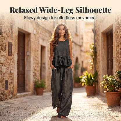 Trending Now⭐💃 Flowy Two-Piece Summer Set – Ruffle Hem Top with Comfort Wide-Leg Trousers