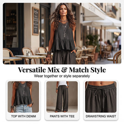 Trending Now⭐💃 Flowy Two-Piece Summer Set – Ruffle Hem Top with Comfort Wide-Leg Trousers