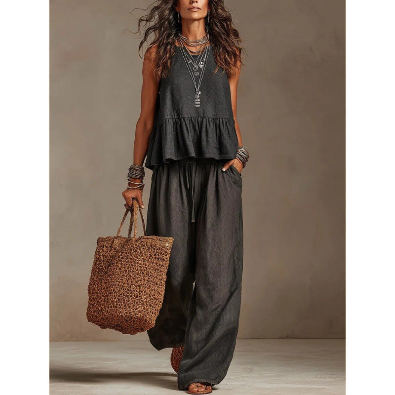 Trending Now⭐💃 Flowy Two-Piece Summer Set – Ruffle Hem Top with Comfort Wide-Leg Trousers