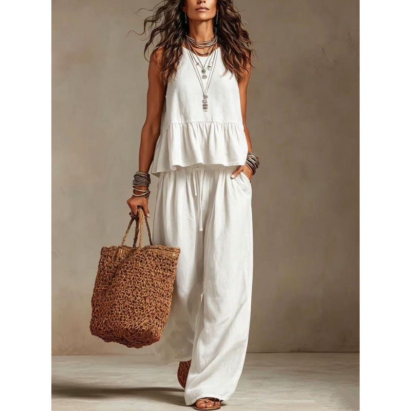 Trending Now⭐💃 Flowy Two-Piece Summer Set – Ruffle Hem Top with Comfort Wide-Leg Trousers