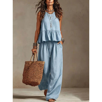 Trending Now⭐💃 Flowy Two-Piece Summer Set – Ruffle Hem Top with Comfort Wide-Leg Trousers
