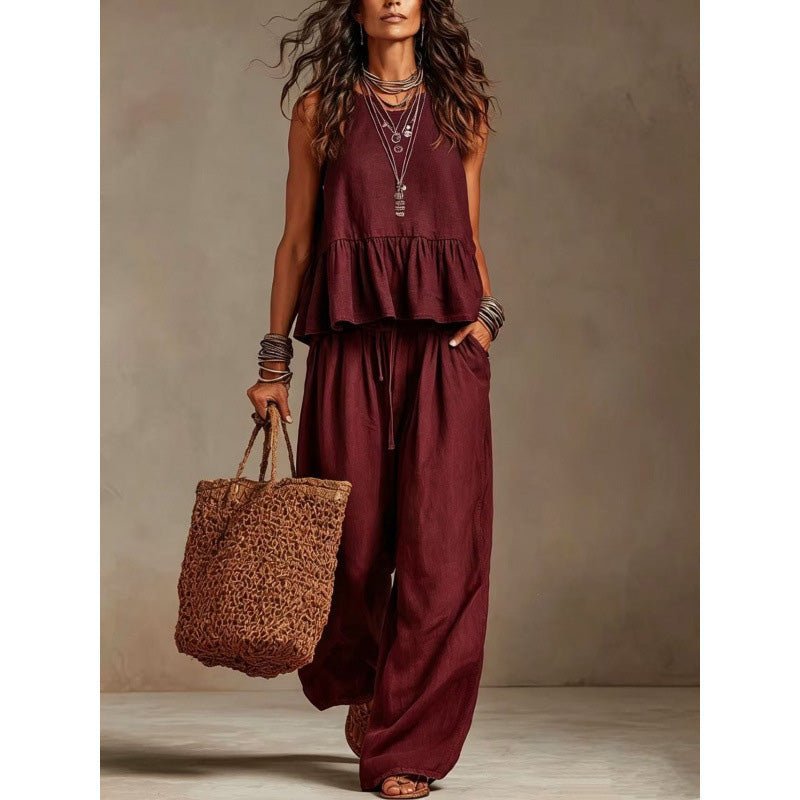 Trending Now⭐💃 Flowy Two-Piece Summer Set – Ruffle Hem Top with Comfort Wide-Leg Trousers