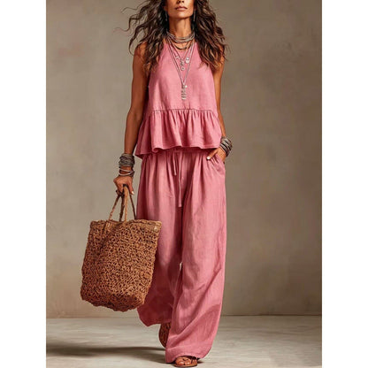 Trending Now⭐💃 Flowy Two-Piece Summer Set – Ruffle Hem Top with Comfort Wide-Leg Trousers