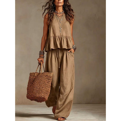 Trending Now⭐💃 Flowy Two-Piece Summer Set – Ruffle Hem Top with Comfort Wide-Leg Trousers