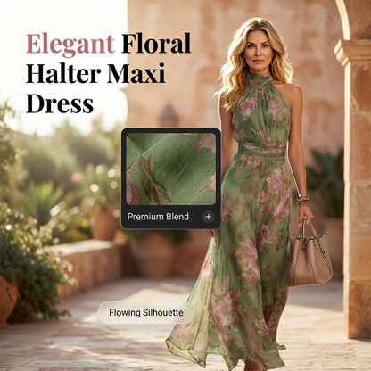 ⏳Time-Limited Special⏰Elegant Floral Print Halter Neck Maxi Dress