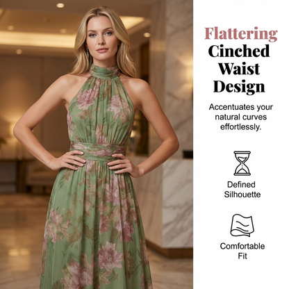 ⏳Time-Limited Special⏰Elegant Floral Print Halter Neck Maxi Dress