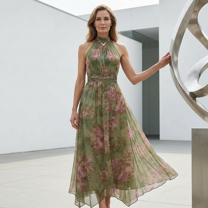 ⏳Time-Limited Special⏰Elegant Floral Print Halter Neck Maxi Dress